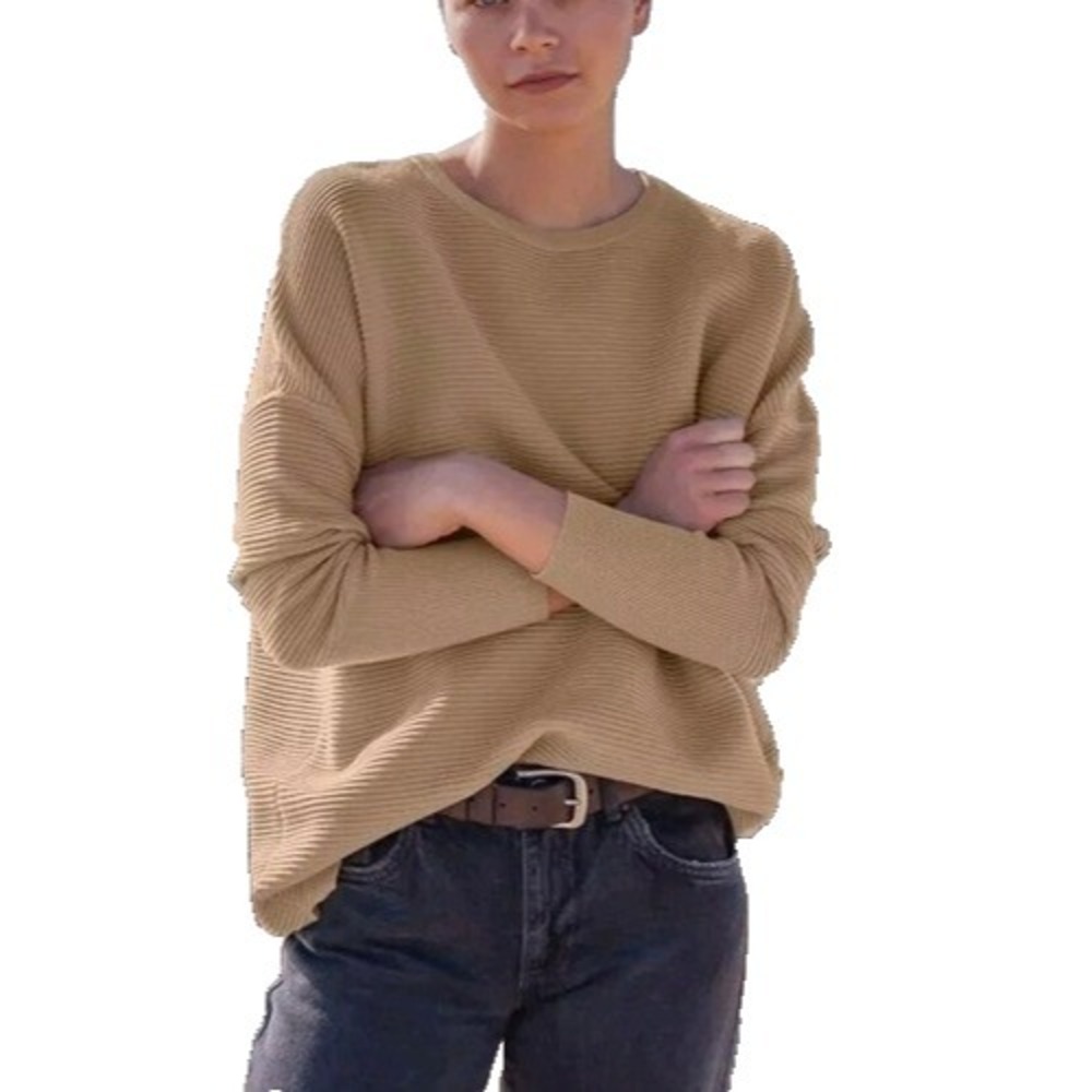 Women's Camel Ribbed Knit Sweater Medium Soft Crewneck Pullover Neutral Cozy